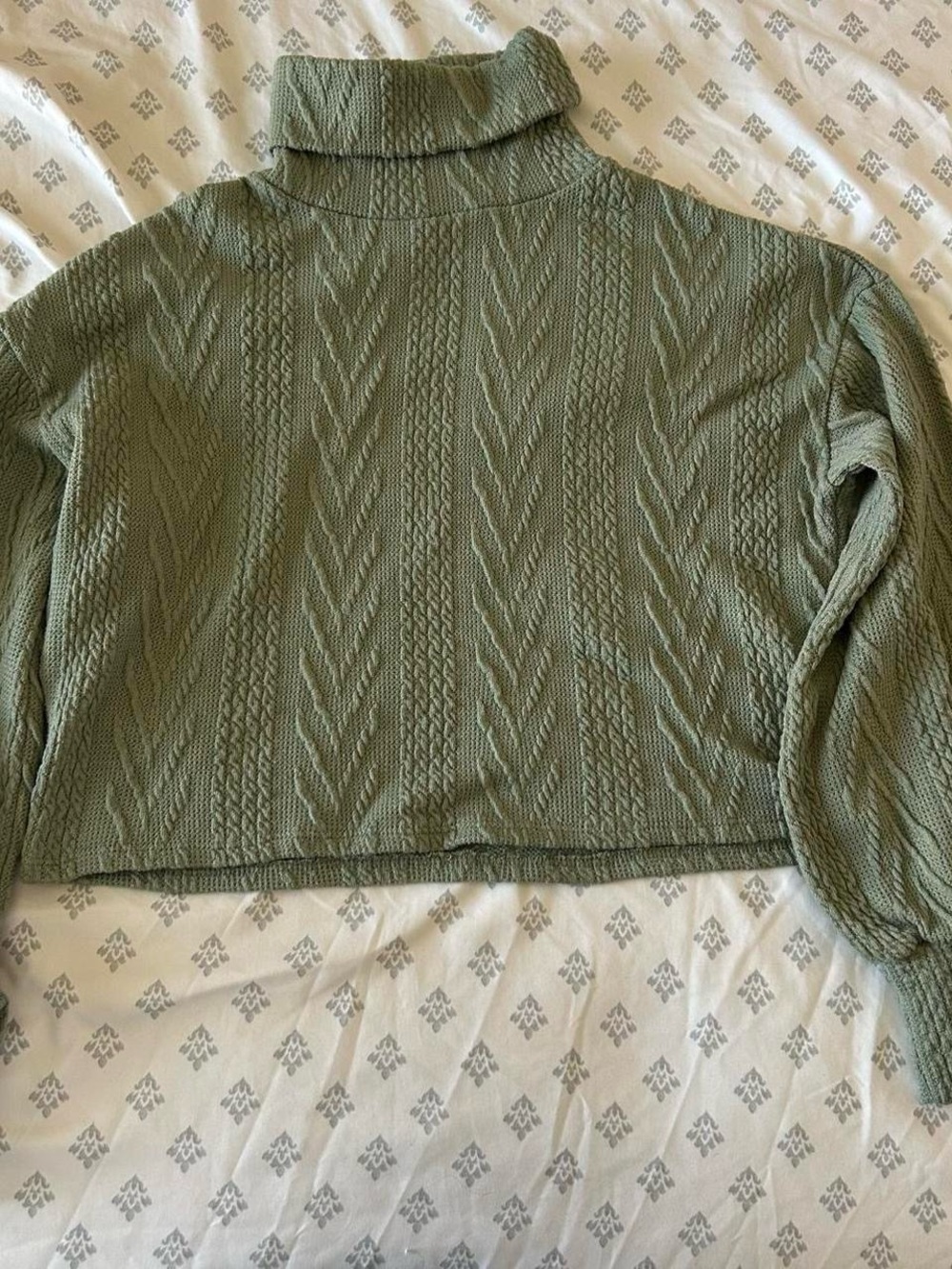 Olive Green Cable-Knit Turtleneck Crop Sweater